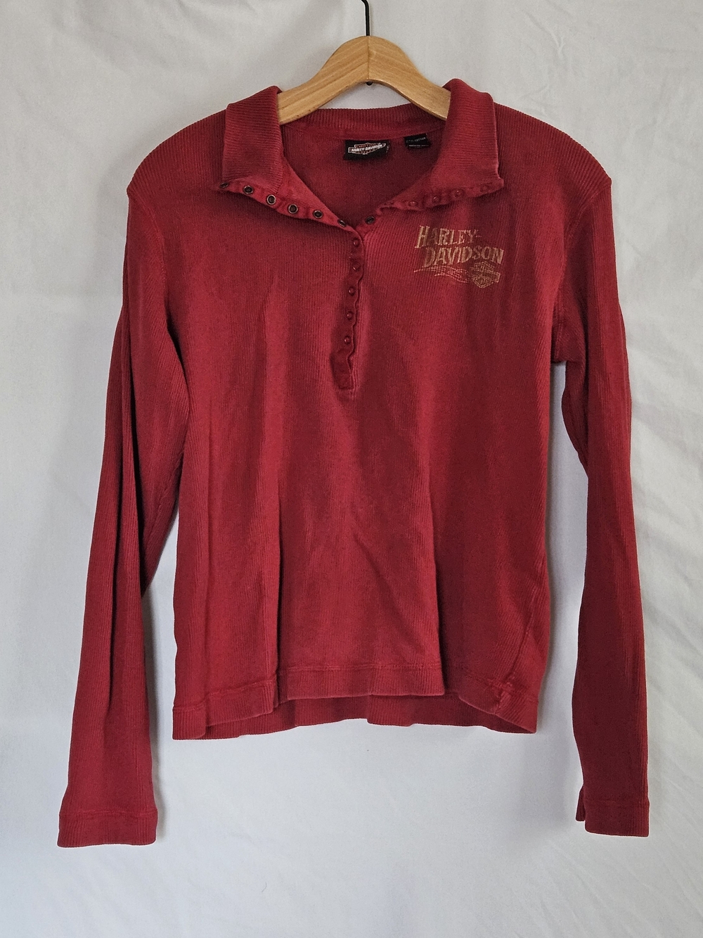 Harley-Davidson Red Long Sleeve Henley Womens XL Y2K Bikercore Ribbed Preppy